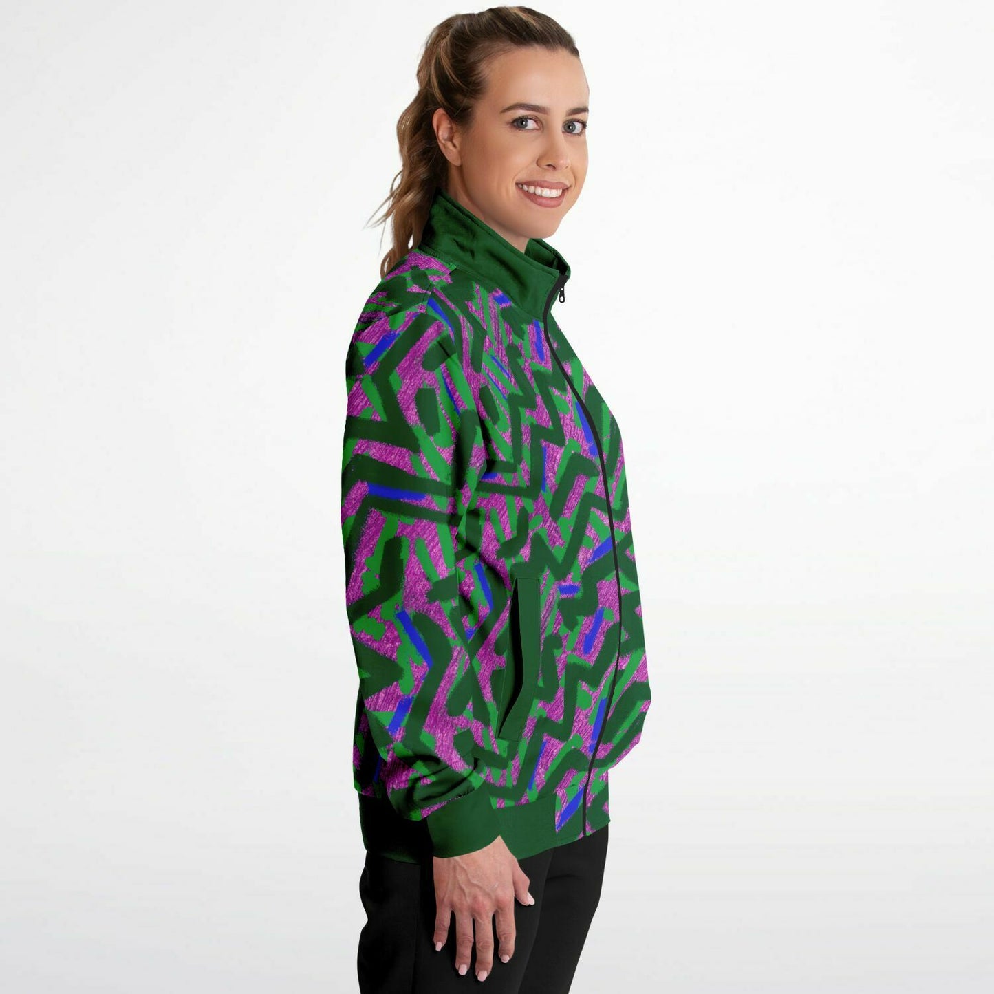 Abstract graffiti print tracksuit top - Green & Pink side view model female