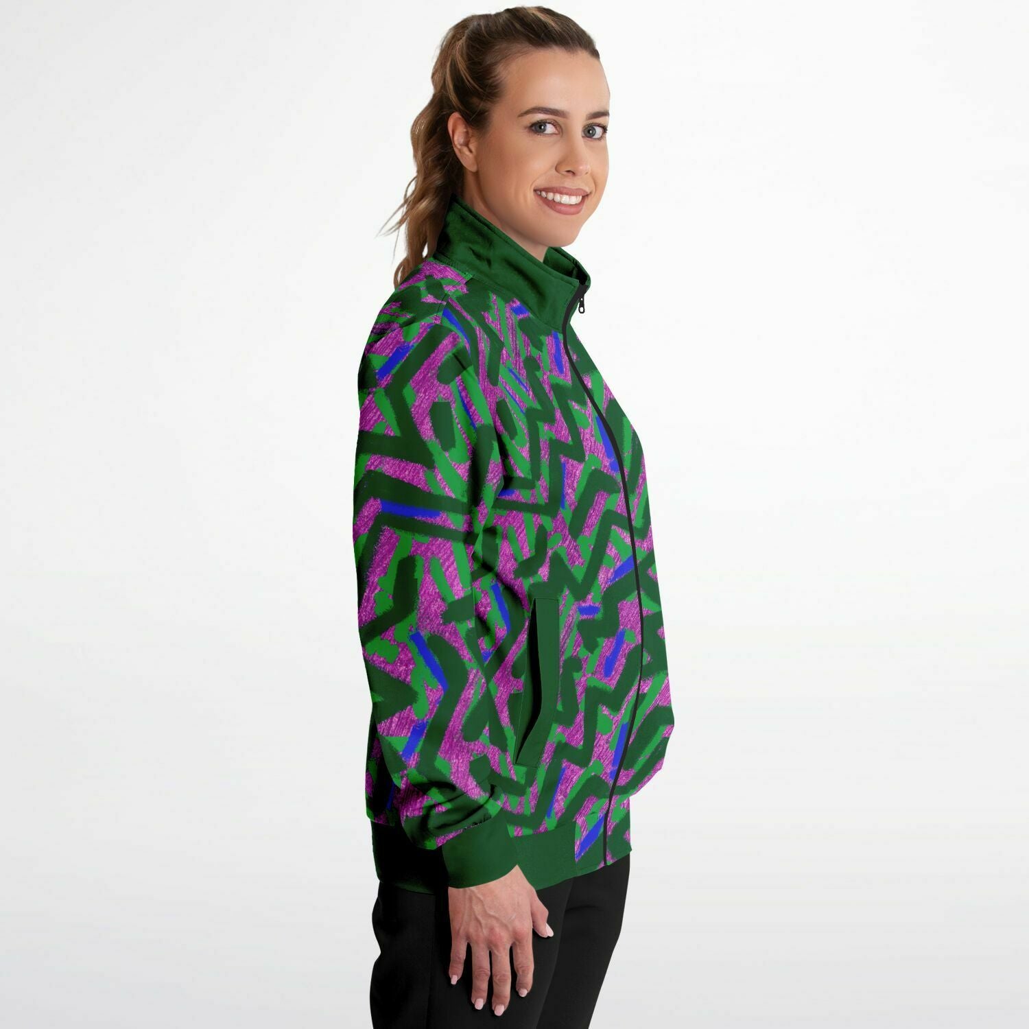 Abstract graffiti print tracksuit top - Green & Pink side view model female
