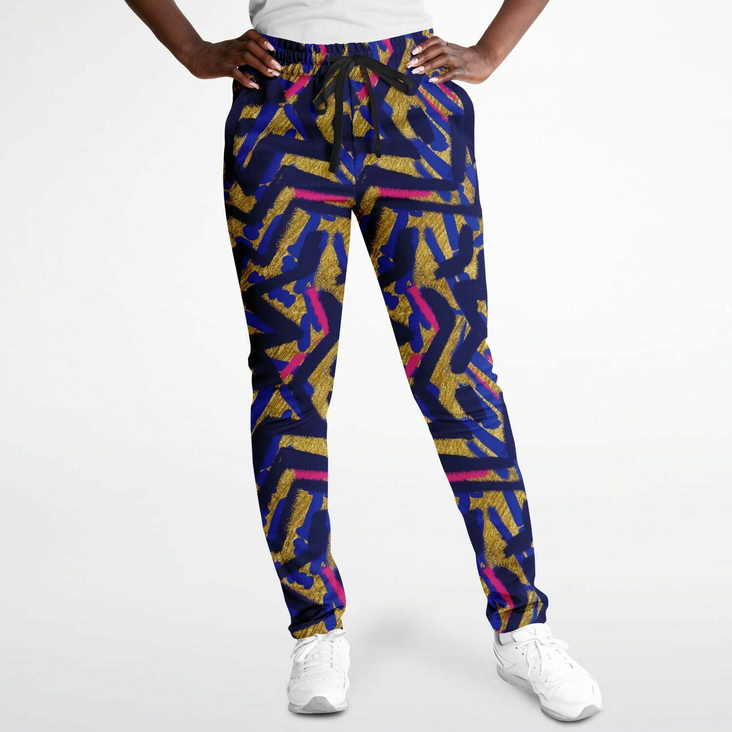 Abstract graffiti print track pants - Blue & Gold  female front view