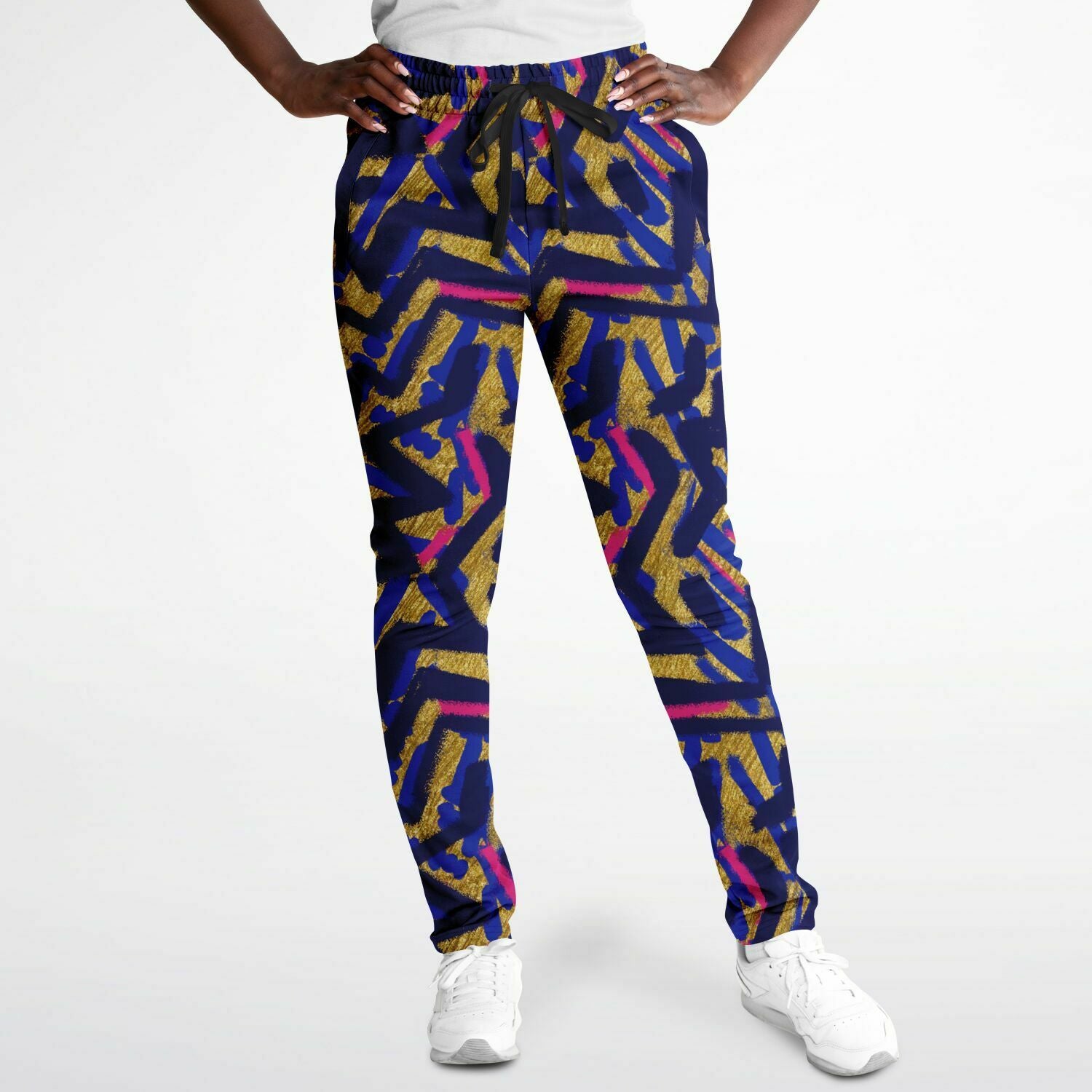 Abstract graffiti print track pants - Blue & Gold  female front view