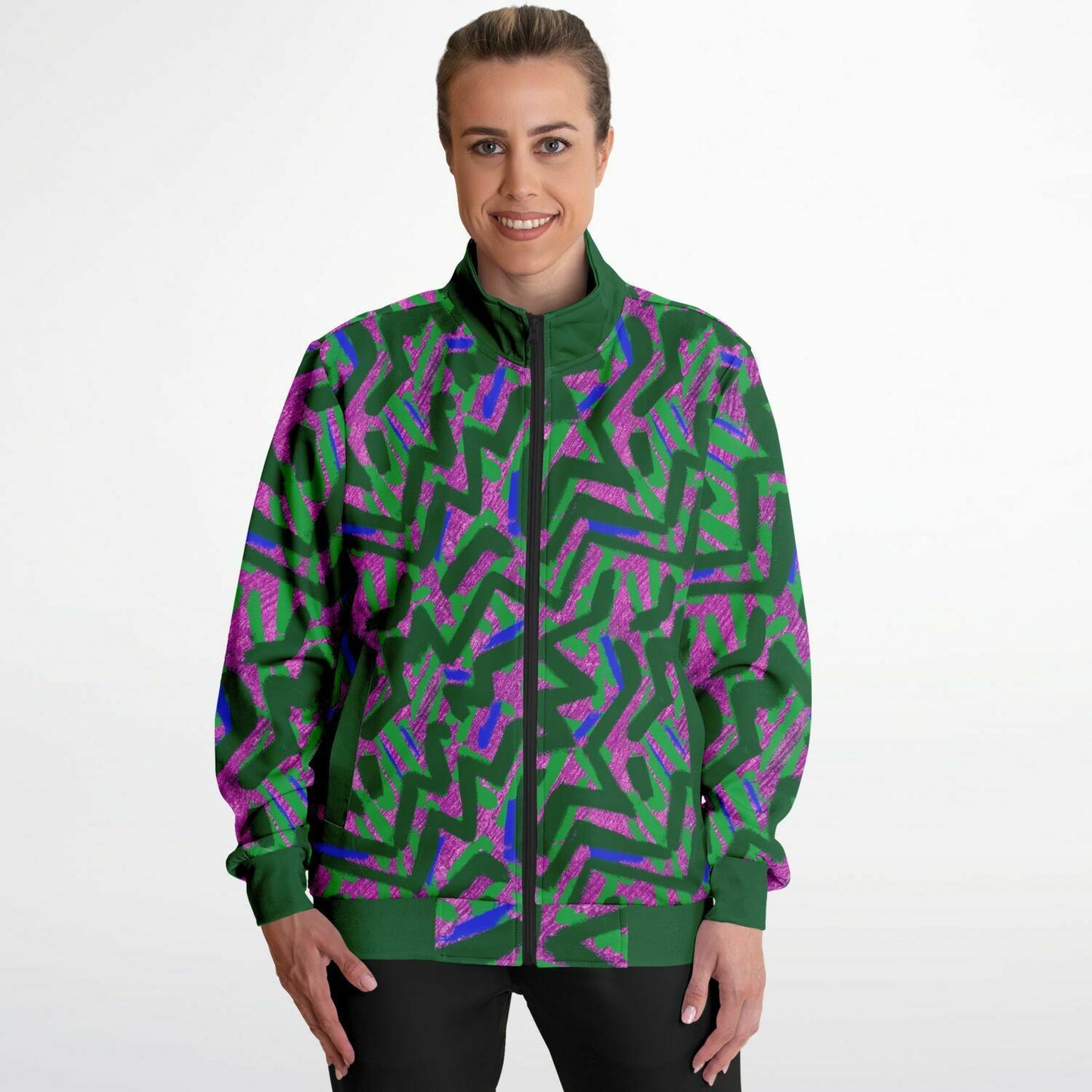 Abstract graffiti print tracksuit top - Green & Pink front view model female