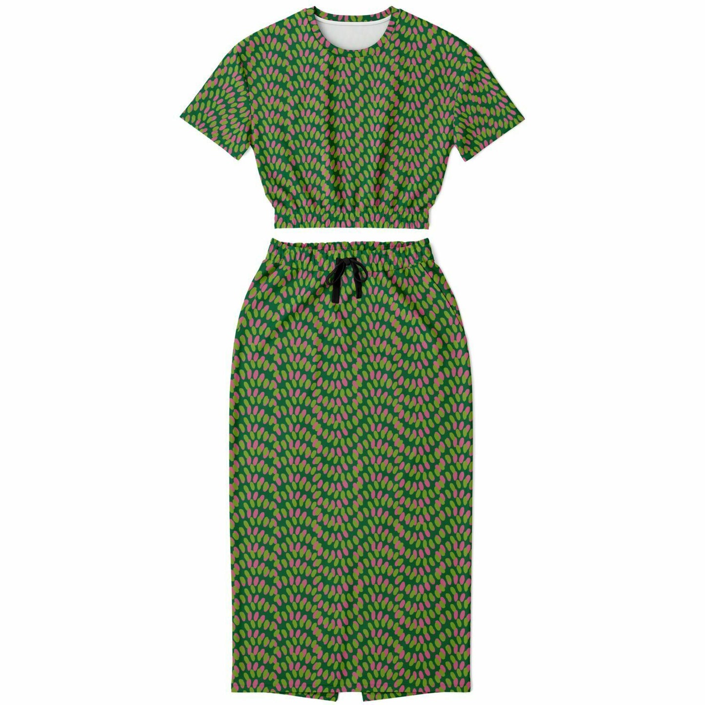 Green dot pattern cropped sweatshirt & long skirt set - Choi Cheung