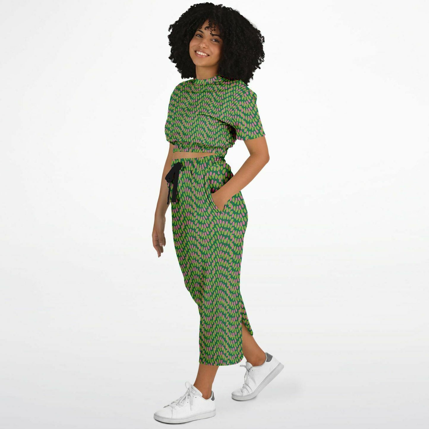 Green dot pattern cropped sweatshirt & long skirt set - Choi Cheung