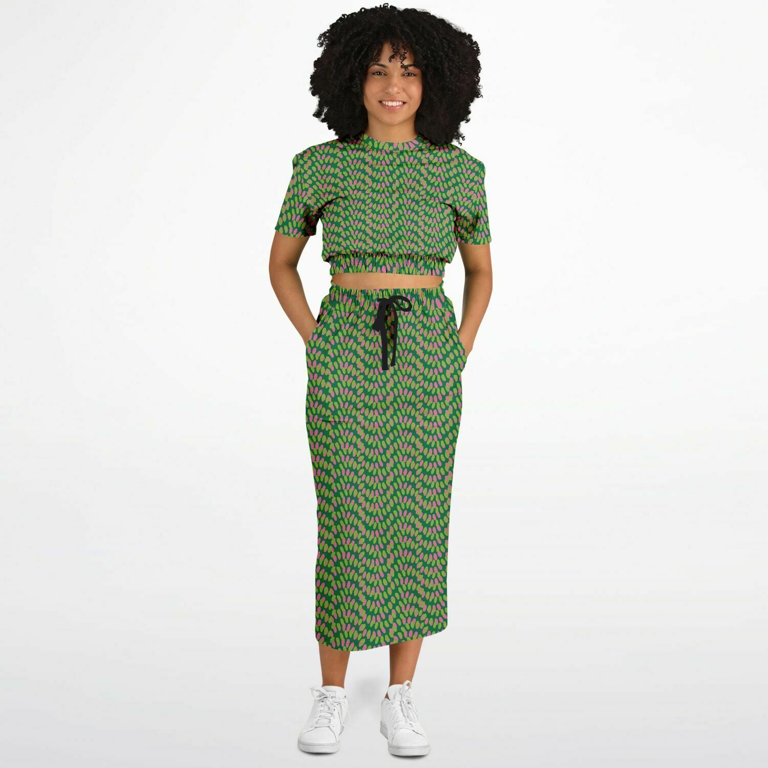 Green dot pattern cropped sweatshirt & long skirt set - Choi Cheung