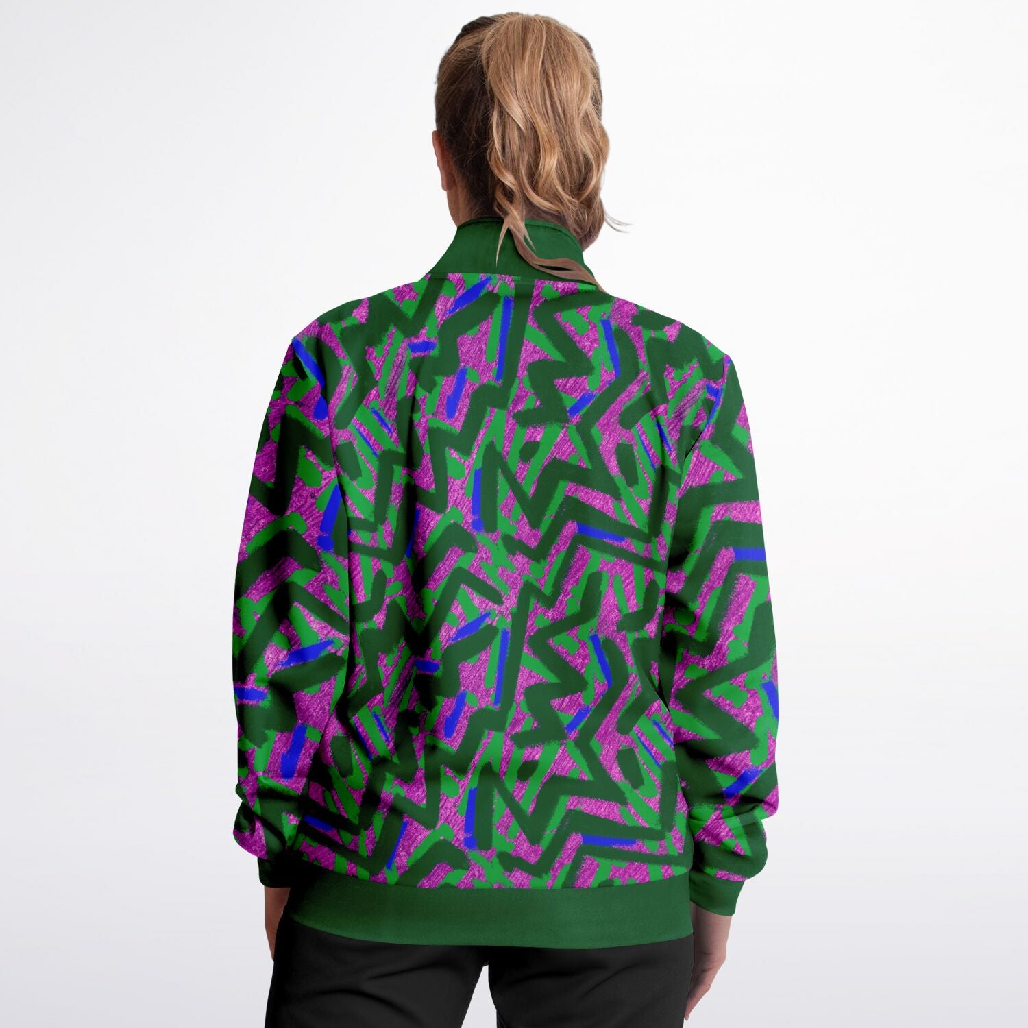 Abstract graffiti print tracksuit top - Green & Pink back view model female 