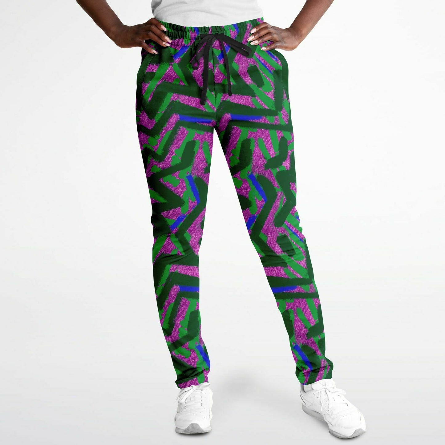 abstract graffiti print track Pants female view front 