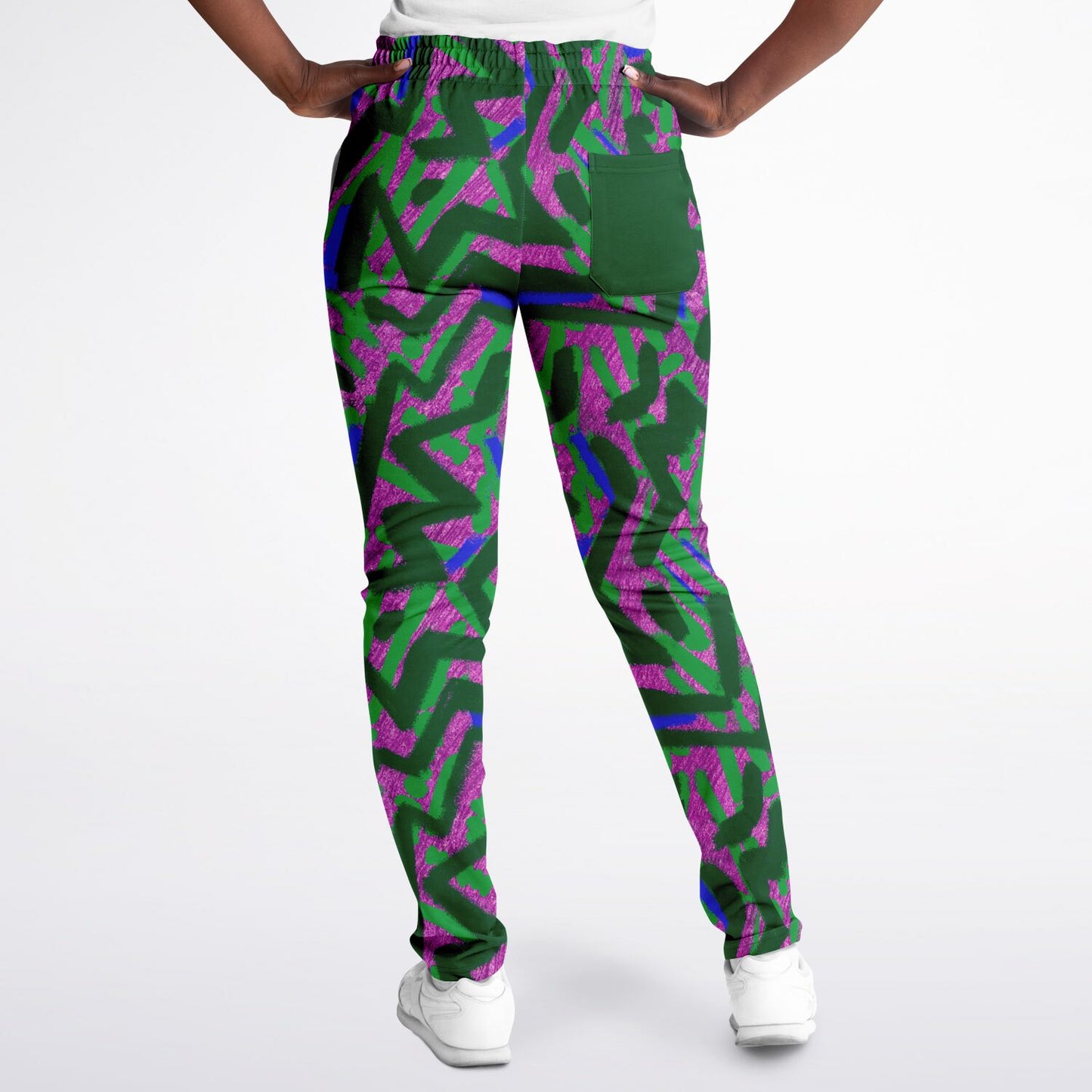 abstract graffiti print track Pants female back view