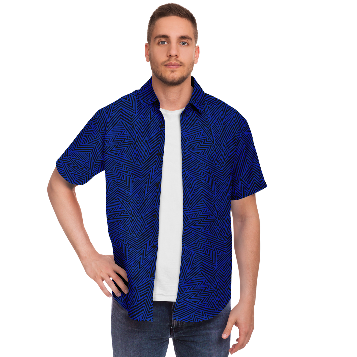 Lightning V2 BLK blue  50 Short Sleeve Button Down Shirt - AOP - Choi Cheung