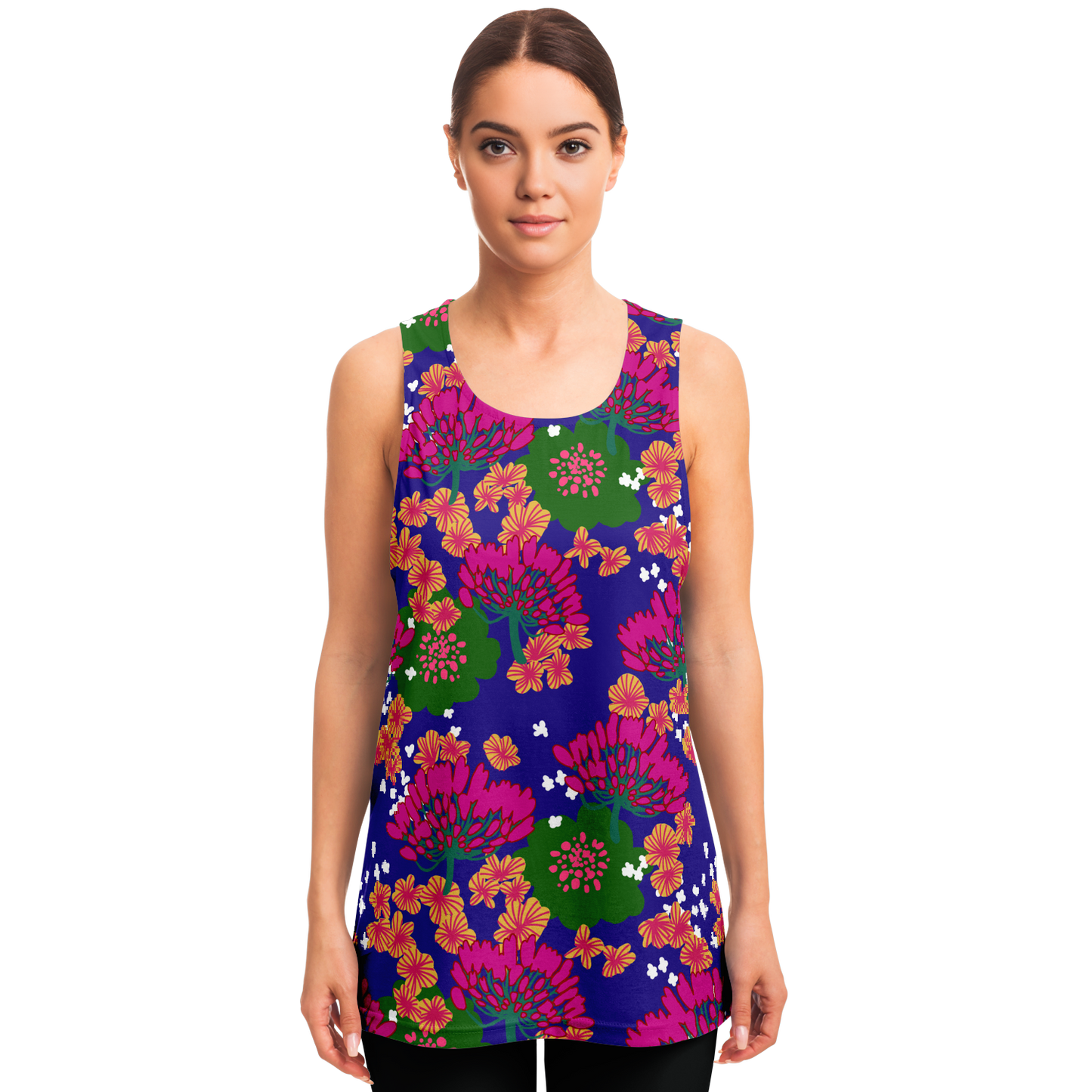 Fuchsia & Green Floral Print Blue Tank Top - Choi Cheung