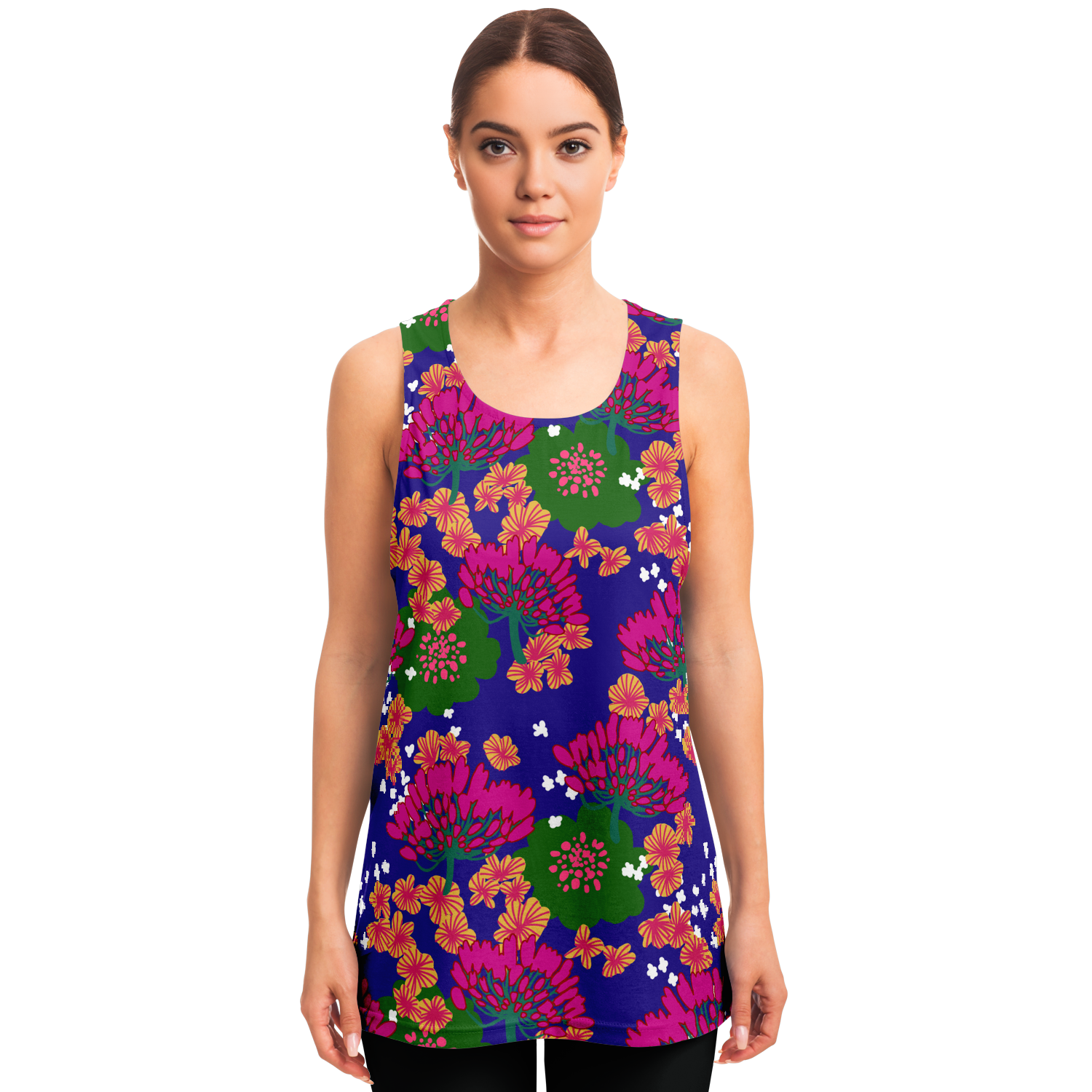 Fuchsia & Green Floral Print Blue Tank Top - Choi Cheung