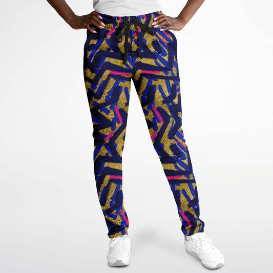 Abstract graffiti print track pants - Blue & Gold  female front view 
