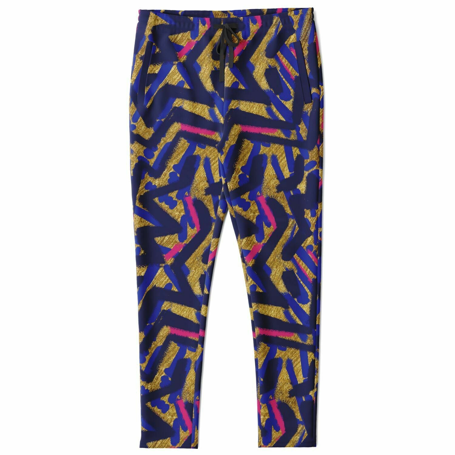 Abstract graffiti print track pants - Blue & Gold front view