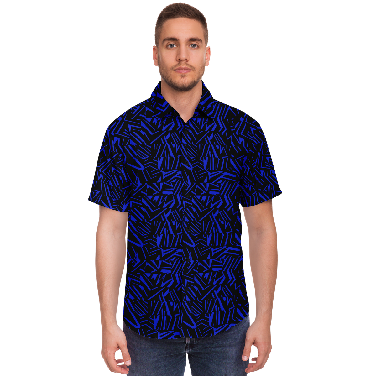 HV collage blue 50 Short Sleeve Button Down Shirt - AOP - Choi Cheung