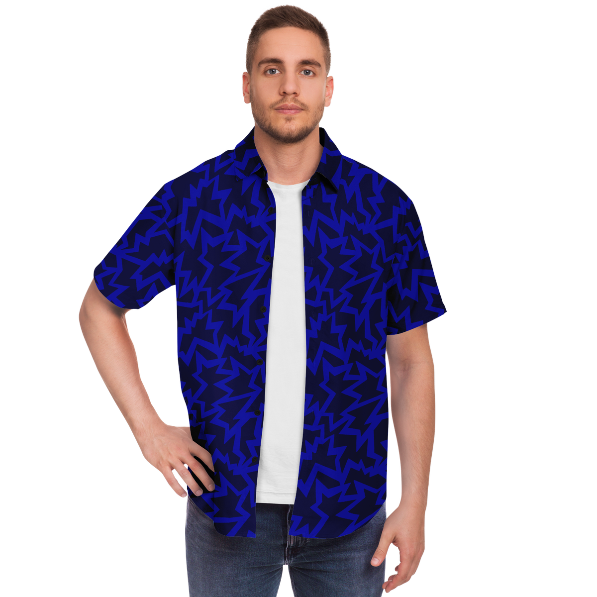 HV bomb blue 50 Short Sleeve Button Down Shirt - AOP - Choi Cheung