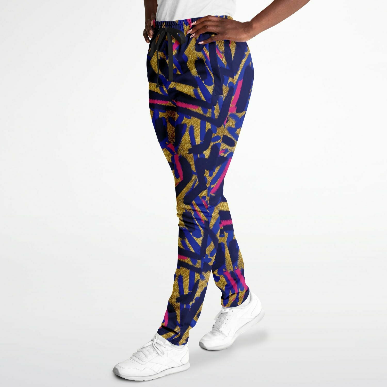 Abstract graffiti print track pants - Blue & Gold  female side view