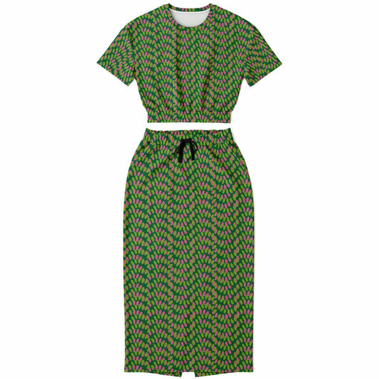 Green  dot pattern cropped sweatshirt & long skirt set - Choi Cheung
